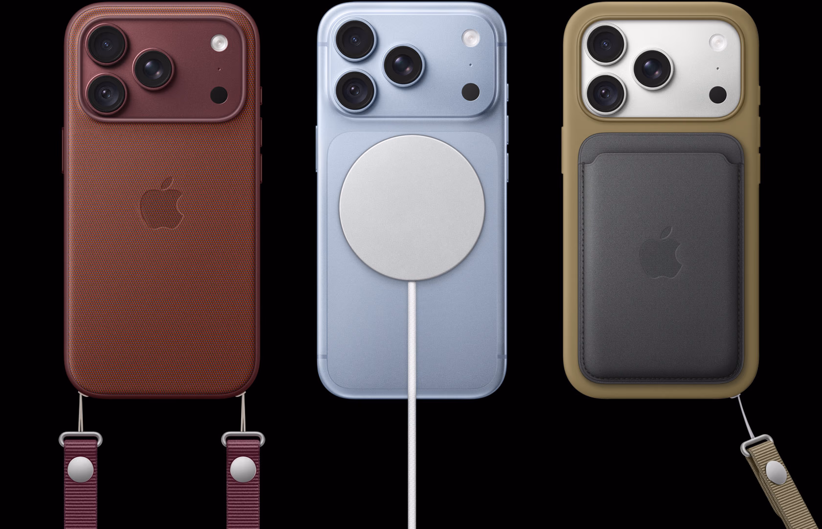 Three iPhone 18 Pro units with a crossbody strap, MagSafe, and a wrist strap