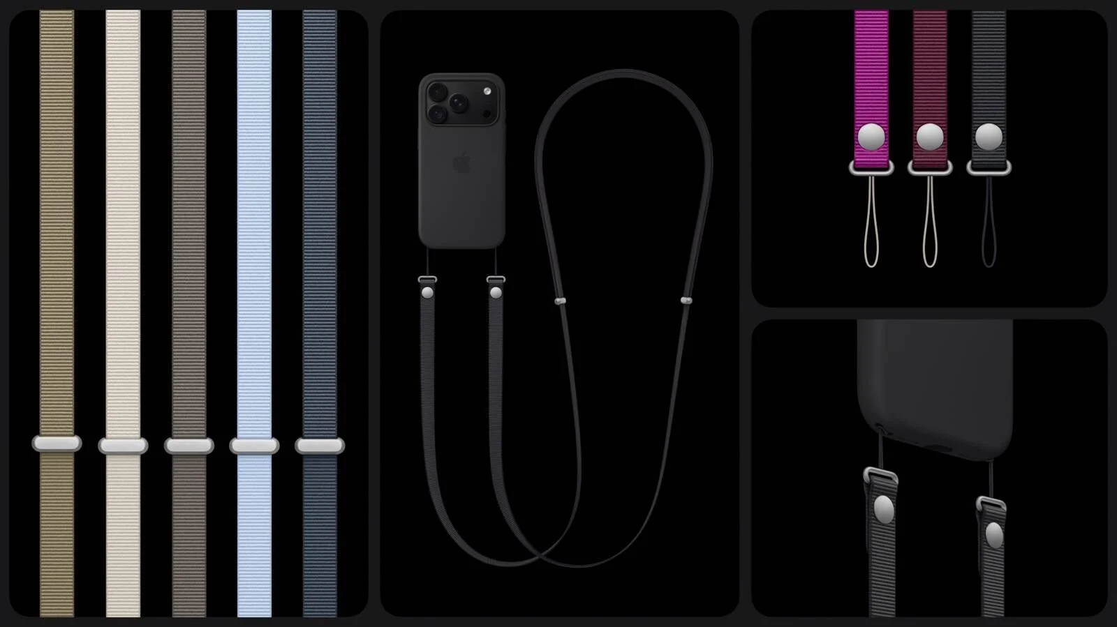 Crossbody Straps in several colors and one attached to an iPhone