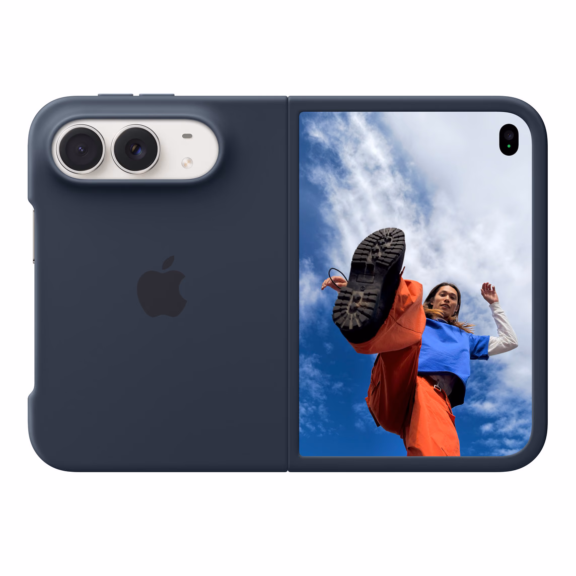 iPhone Duo open with a navy case and the Home Screen
