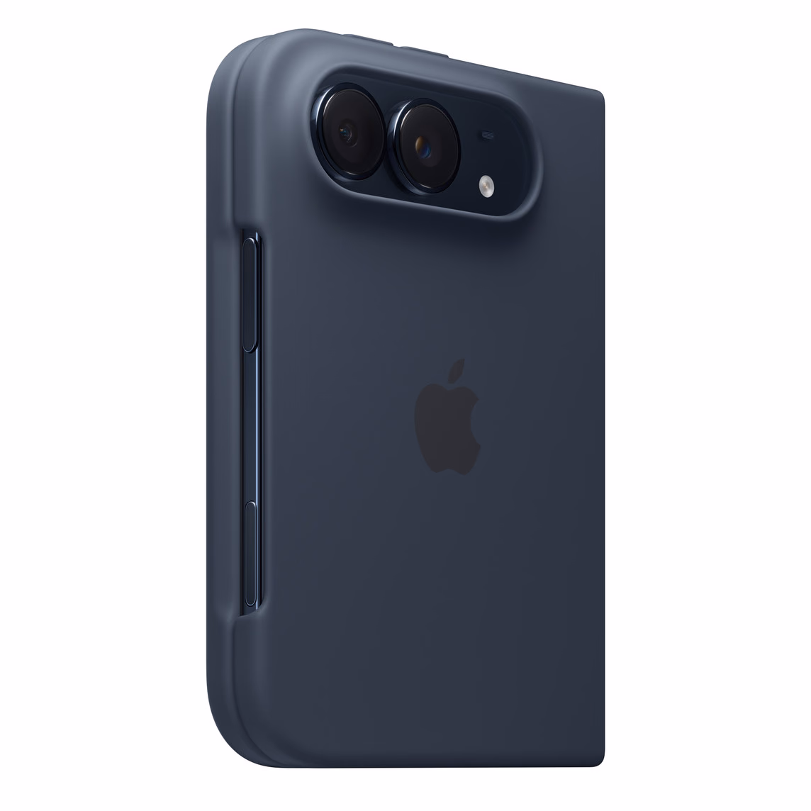 Back of the iPhone Duo with a blue case and the two cameras