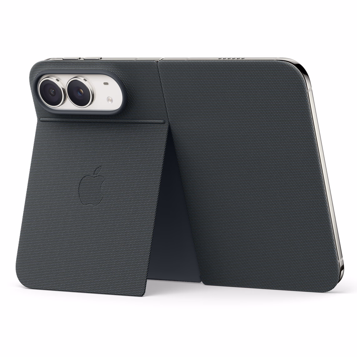 iPhone Duo standing on the navy folio stand
