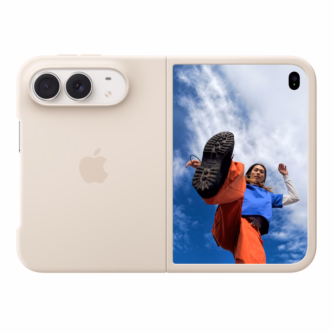 iPhone Duo open with a taupe case and the Home Screen