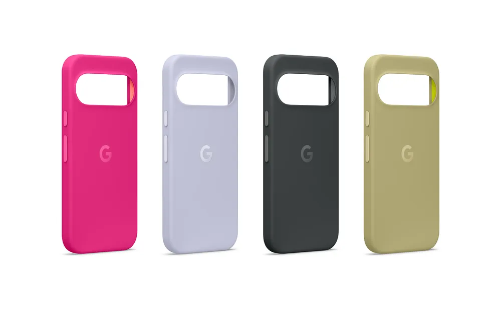 Las cuatro fundas Pixelsnap del Pixel 11 en fucsia, lavanda, negro y amarillo sobre fondo blanco