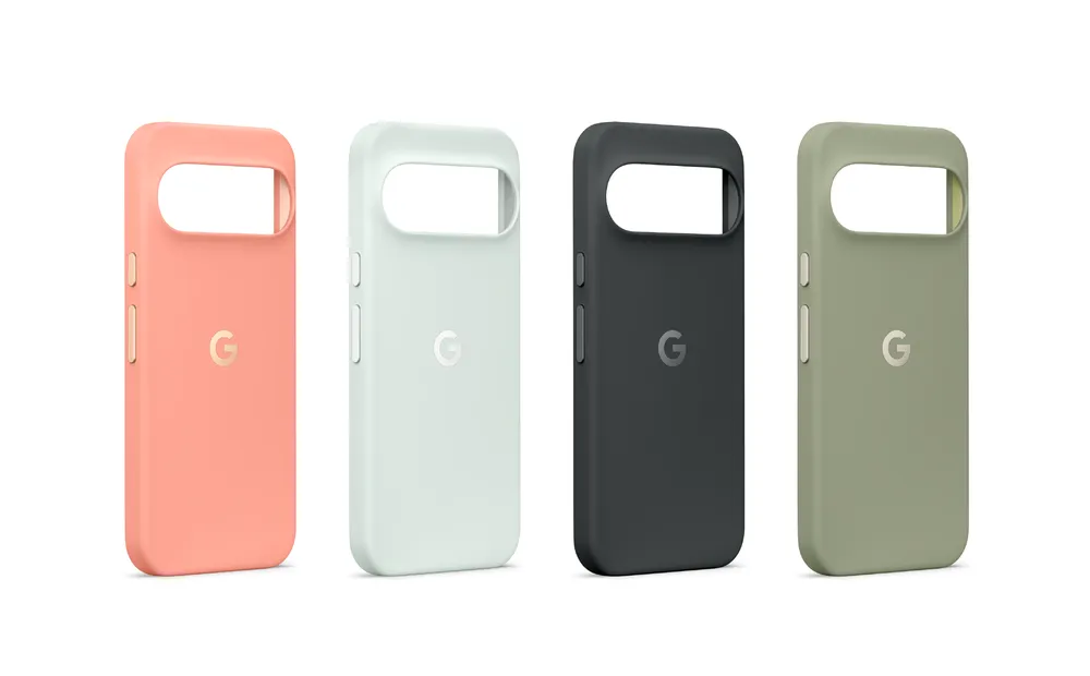 Las cuatro fundas Pixelsnap del Pixel 11 Pro en coral, blanco, negro y verde oliva