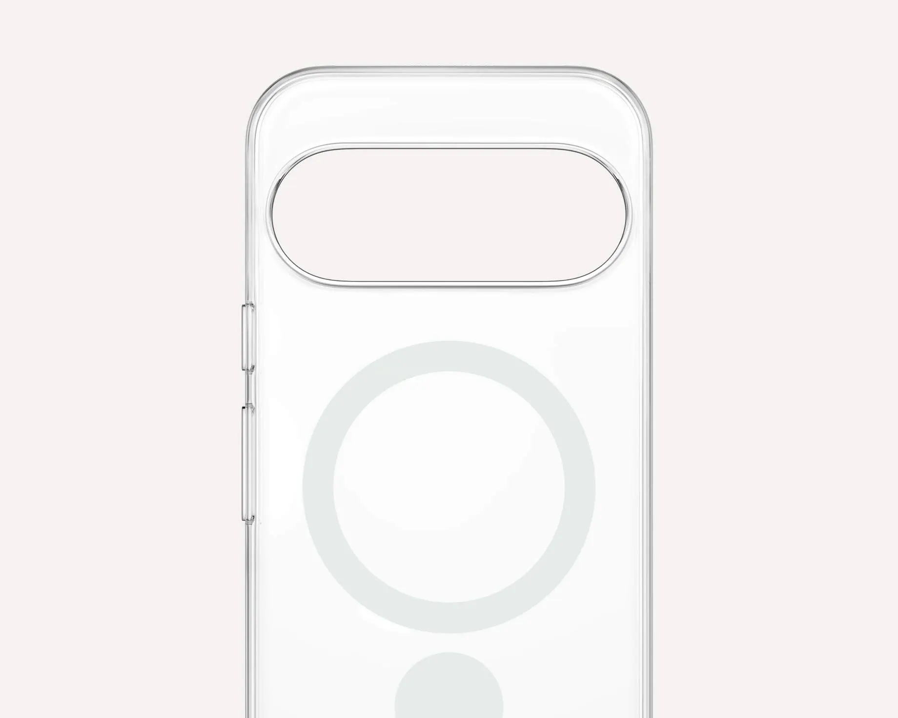 La funda Pixelsnap Clear Case vacía sobre fondo claro, con el recorte de la barra de cámara y el anillo de imanes