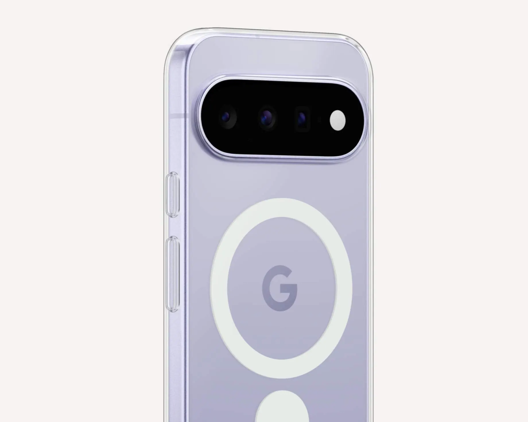 La funda Pixelsnap Clear Case puesta sobre un Pixel 11 en Frost, con el anillo magnético visible sobre el logo de Google