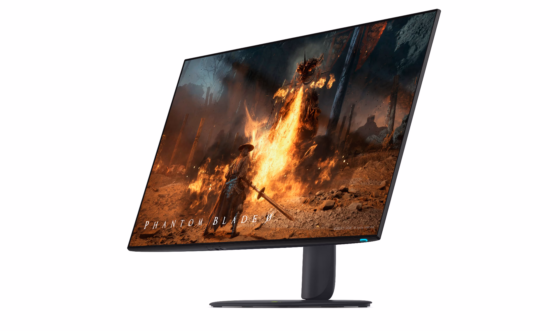 Alienware AW3226Q de tres cuartos con su pantalla plana