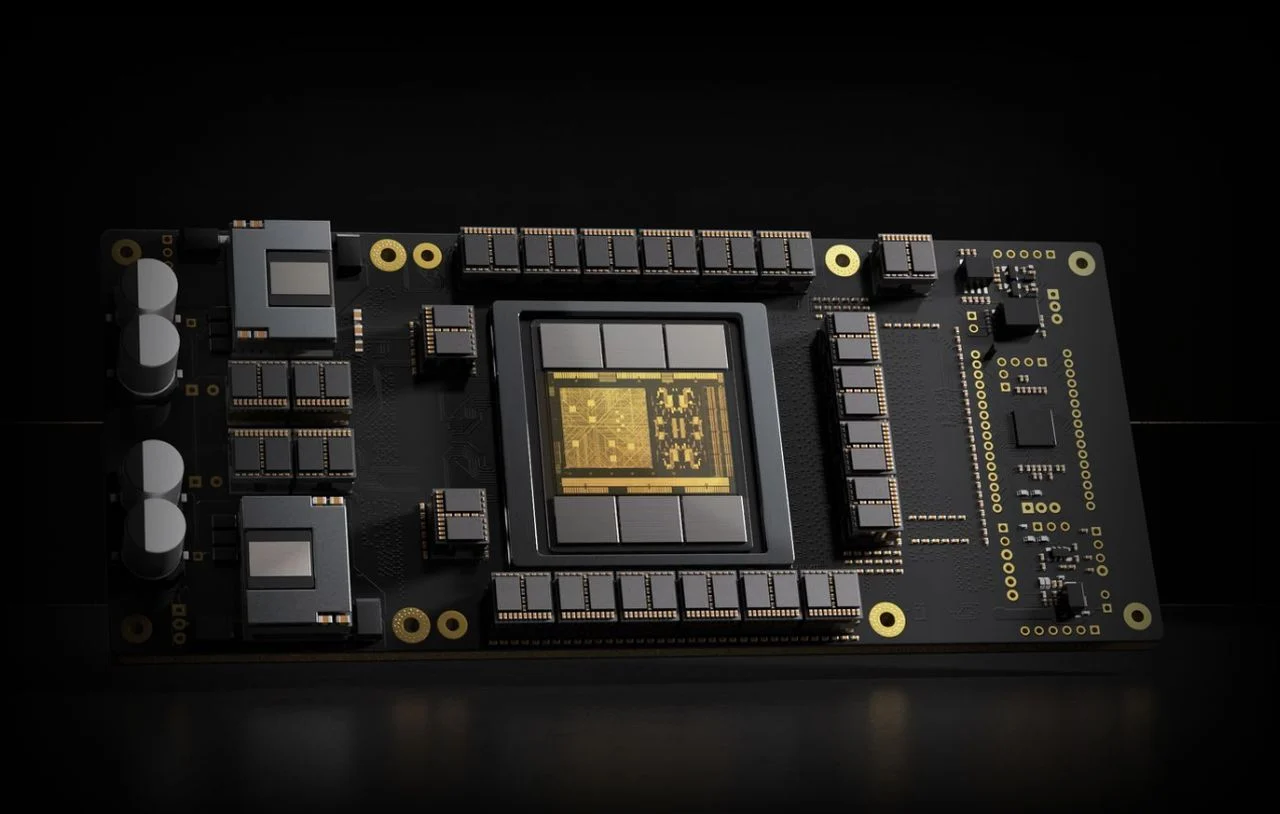 Render del acelerador Sohu de Etched, con el die central rodeado de módulos de memoria HBM3E
