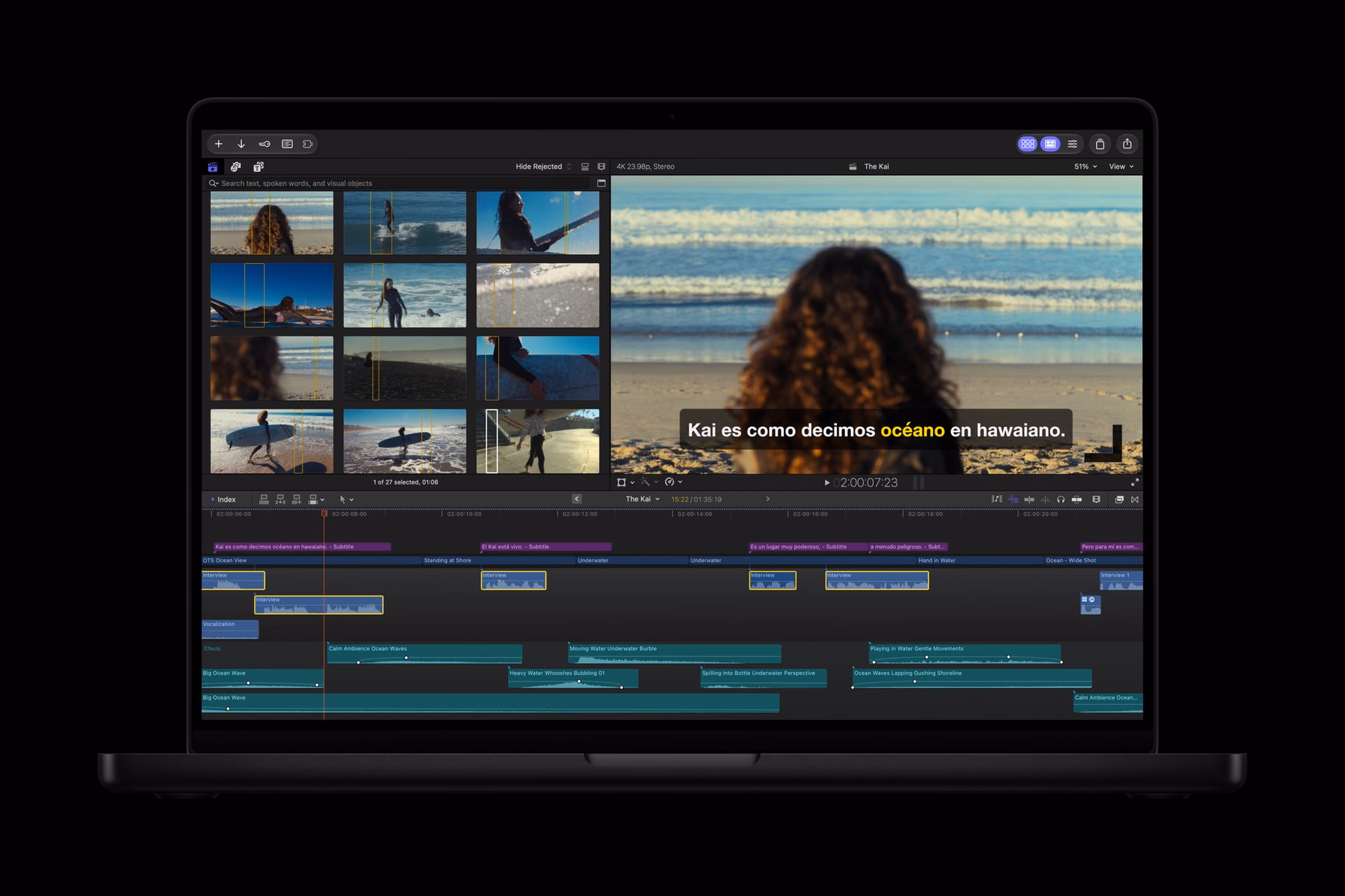 Final Cut Pro muestra subtítulos de una entrevista en español