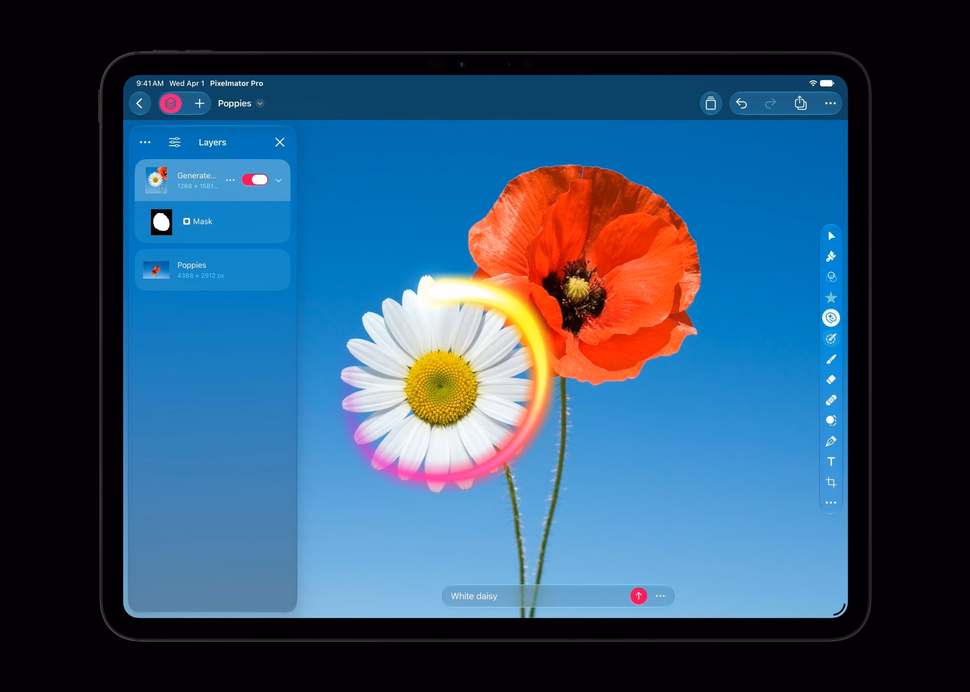 Generate Fill modifica una composición floral en un iPad