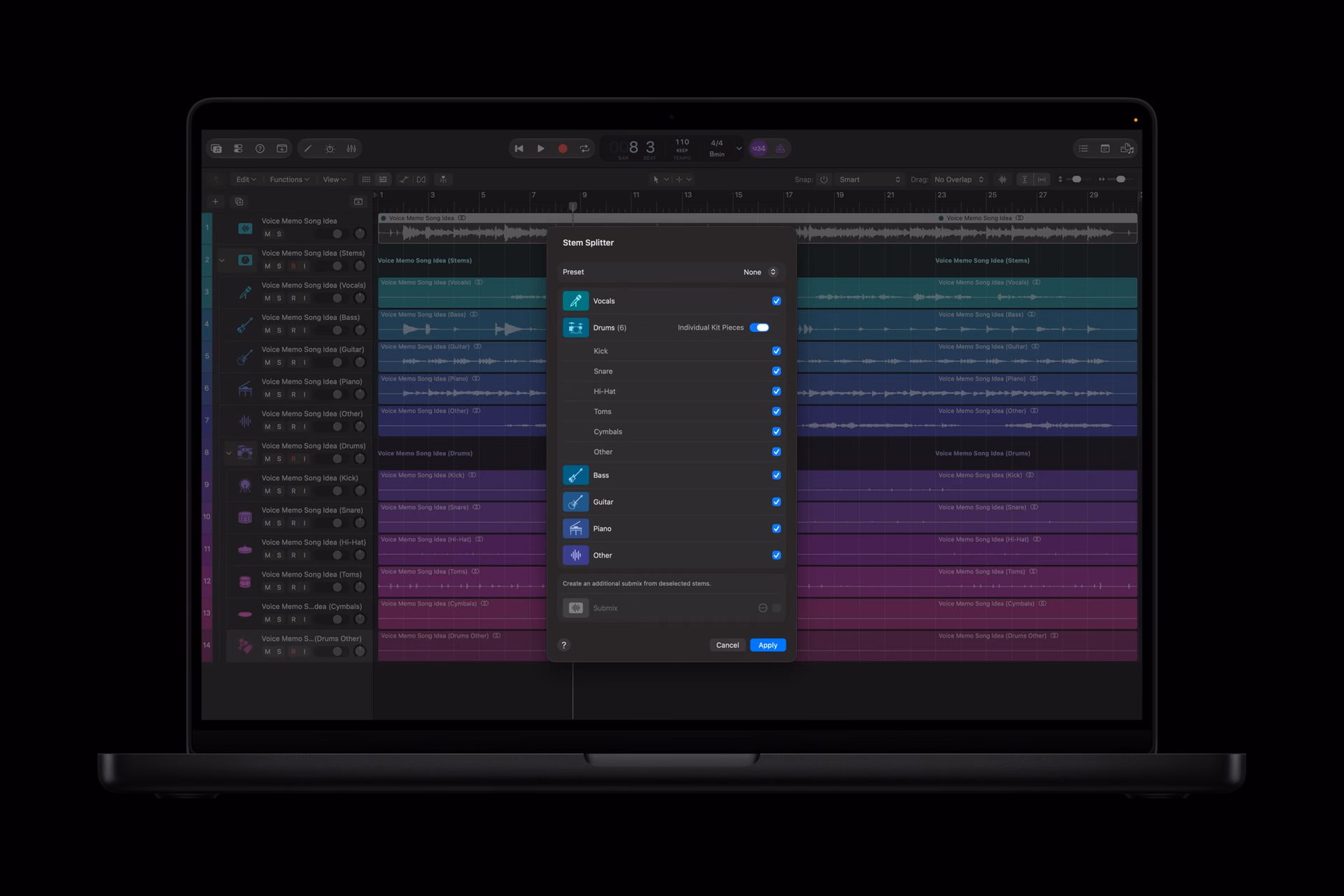 Stem Splitter muestra componentes de una batería en Logic Pro