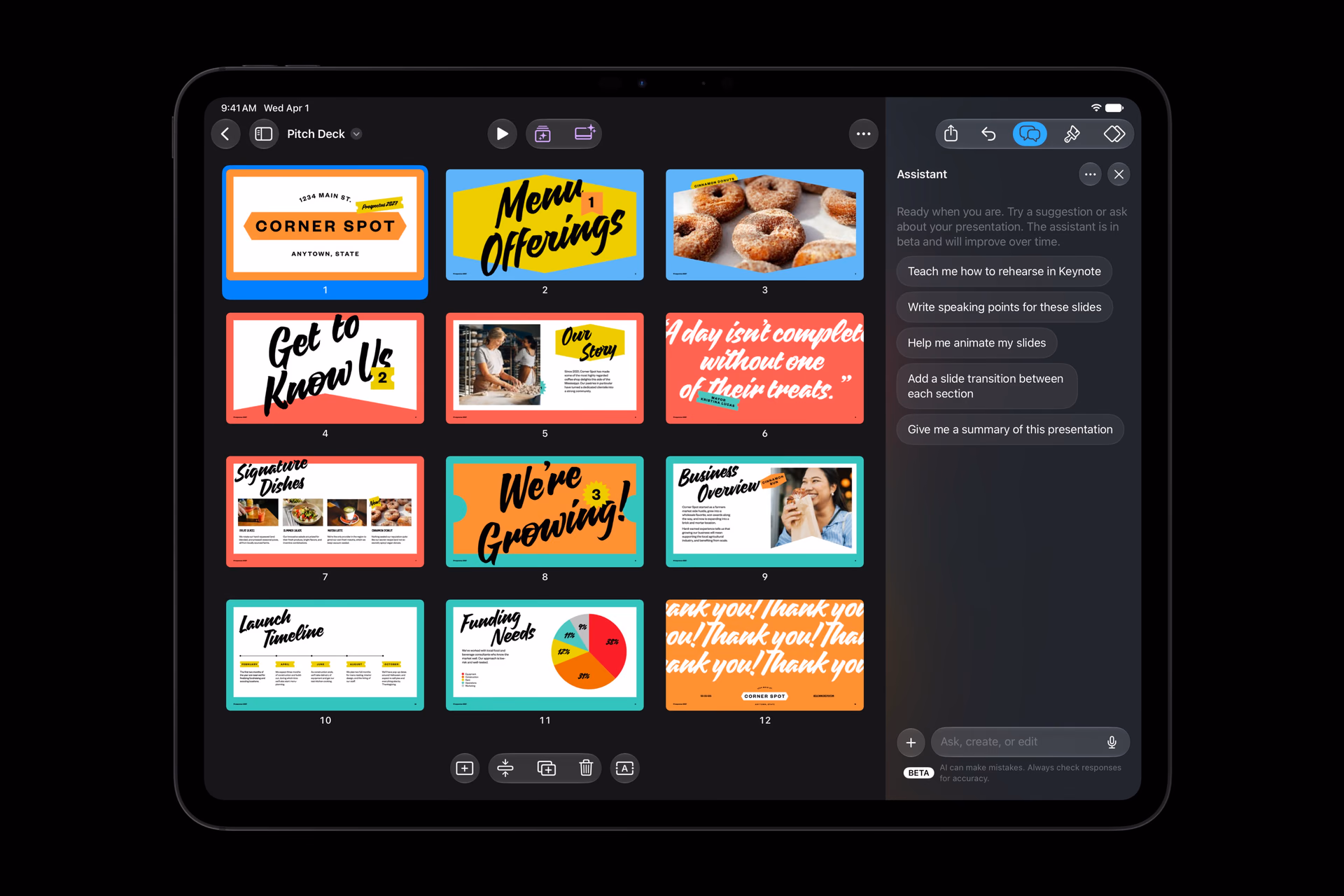 Asistente junto a diapositivas de comida en un iPad