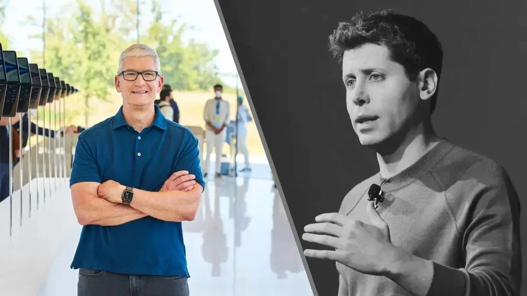 Black-and-white montage of Tim Cook alongside Sam Altman