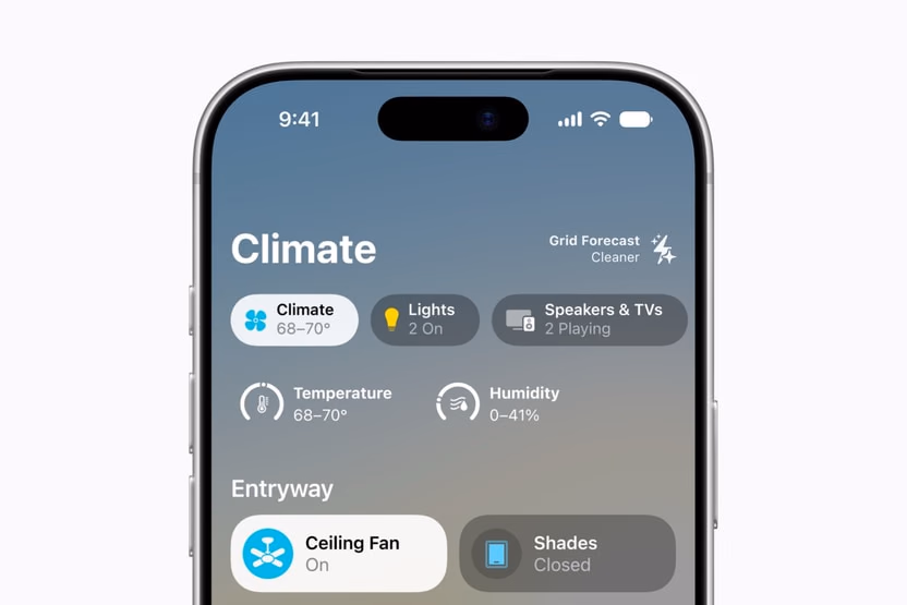 Home app showing temperature, humidity, and climate controls