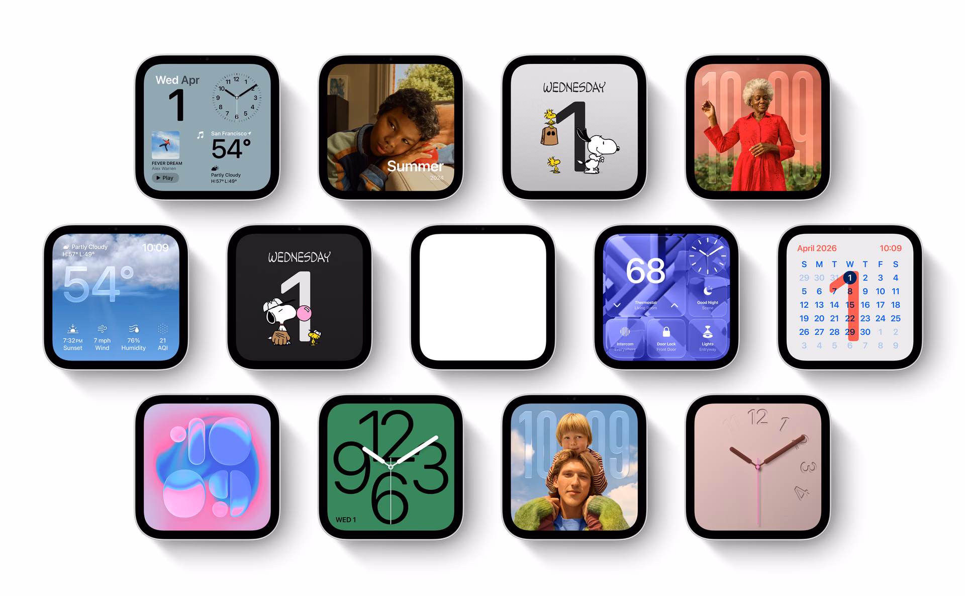 HomeView faces with clocks, photos, weather, and Snoopy