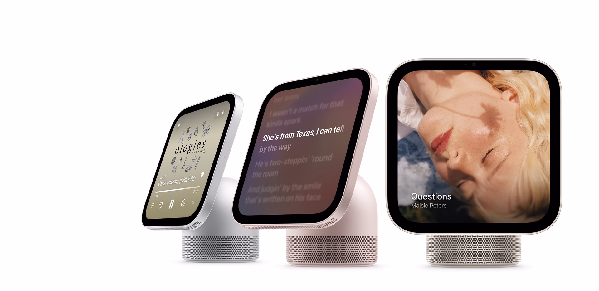 HomeView showing a podcast, lyrics, and album artwork
