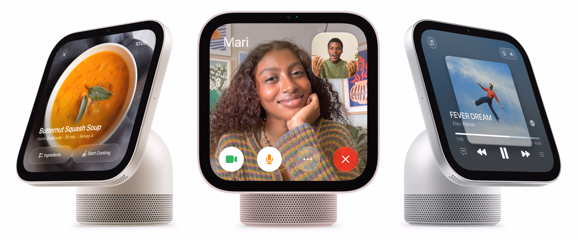 HomeView showing a recipe, a video call, and music