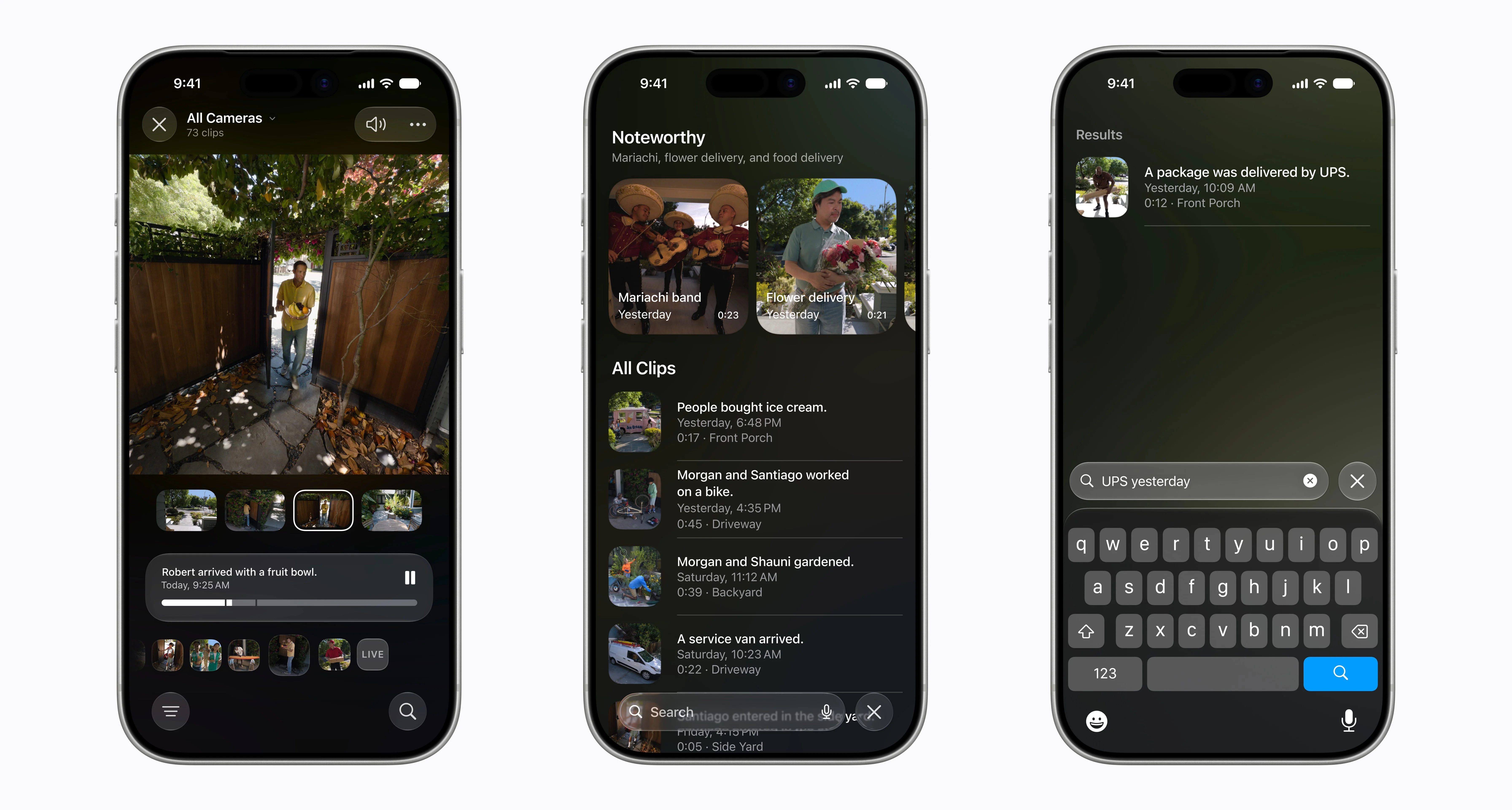 Three iPhone devices with the Home app showing generated video descriptions, highlighted clips, and text-based recording search