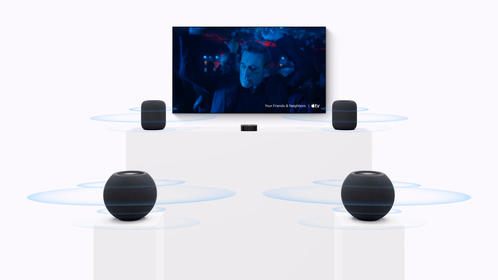 Apple TV 4K with two HomePod speakers and two HomePod mini 2 speakers