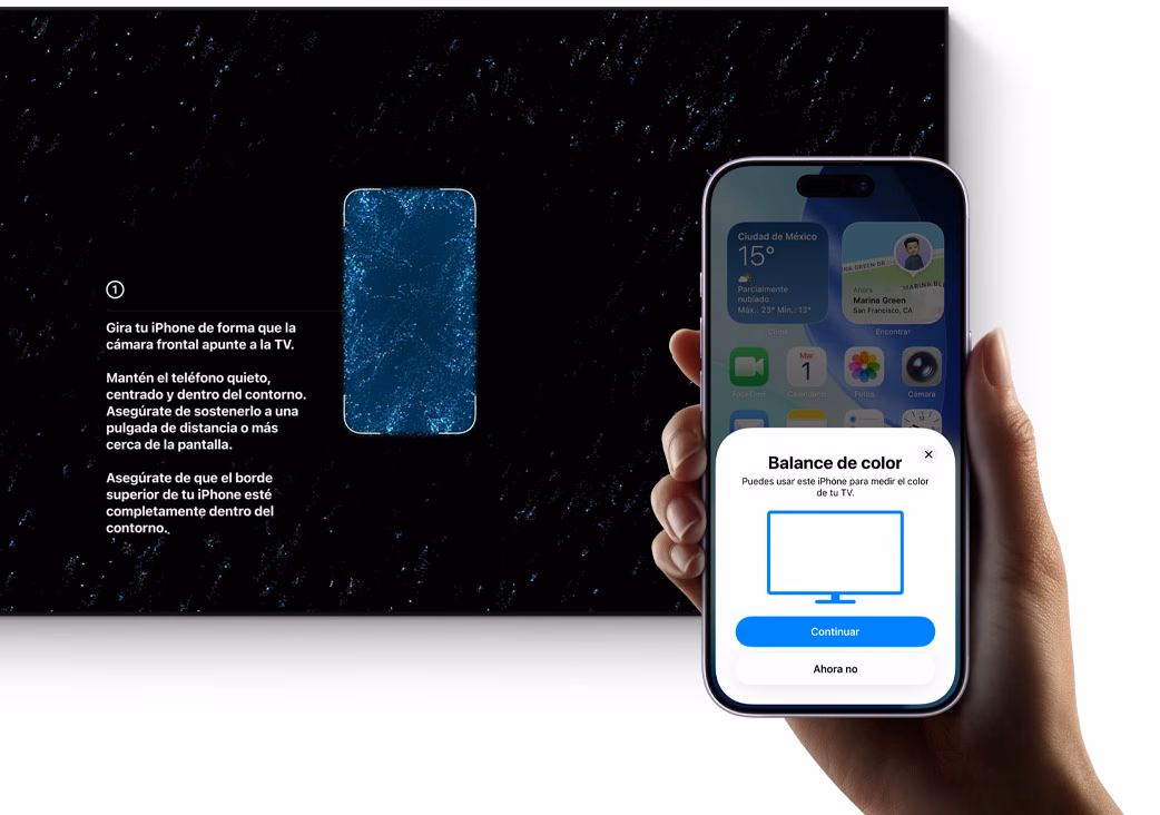 iPhone with Color Balance and instructions on the TV