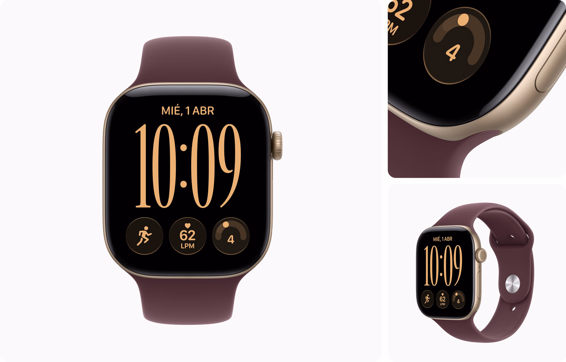 Apple Watch Series 12 de aluminio dorado claro con correa deportiva bordó