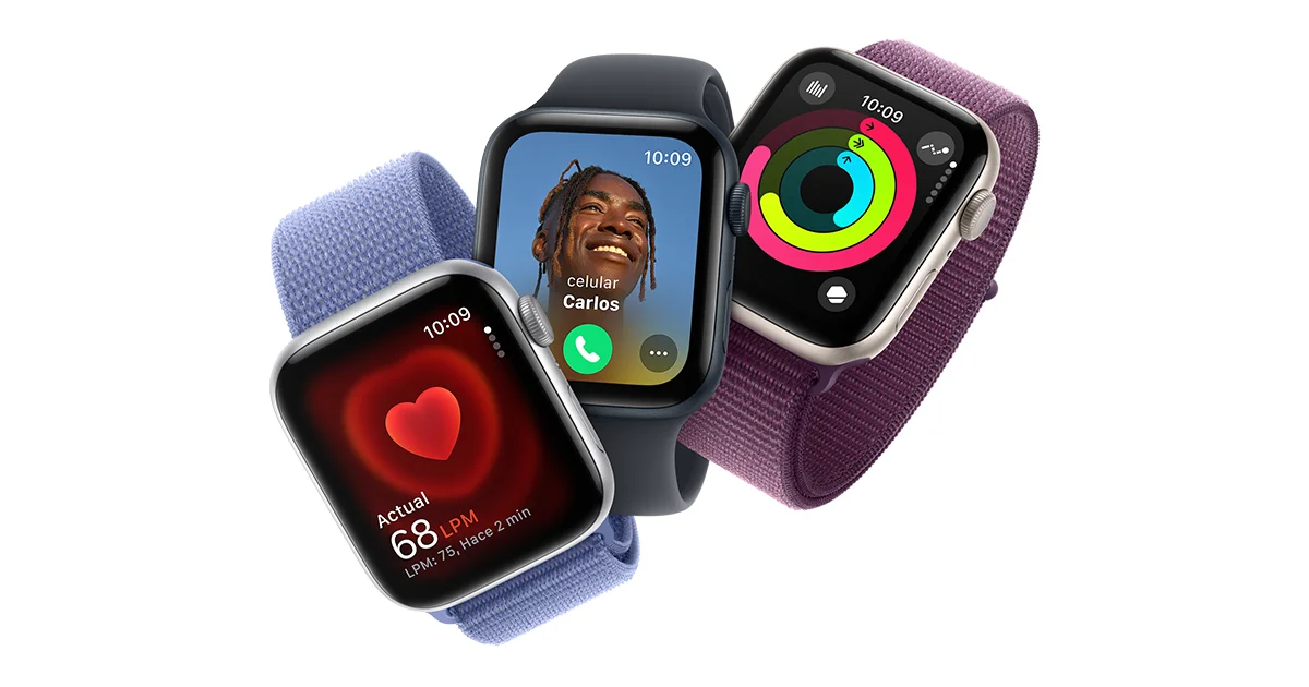 Tres Apple Watch SE 3 con correas de nylon mostrando funciones clave en pantalla: medición de frecuencia cardíaca, interfaz de llamadas y anillos de Actividad.