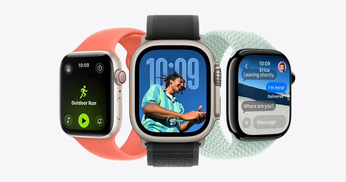 Three watch models (Apple Watch Series, Ultra, and SE) featuring different band styles. From left to right, their screens show the running workout app, a personalized watch face with a photo, and a conversation in the iMessage app.
