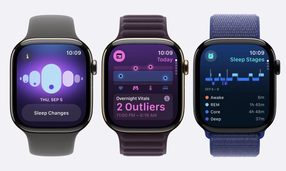 Three Apple Watch models lined up showing the new Health app interfaces: sleep change metrics, nighttime vital signs charts (highlighting outliers), and a detailed breakdown of sleep stages.