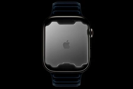 Front view of an Apple Watch with an X-ray effect on a black background, revealing the glowing silhouette of the chip and the internal structure beneath the display, with the Apple logo in the center.