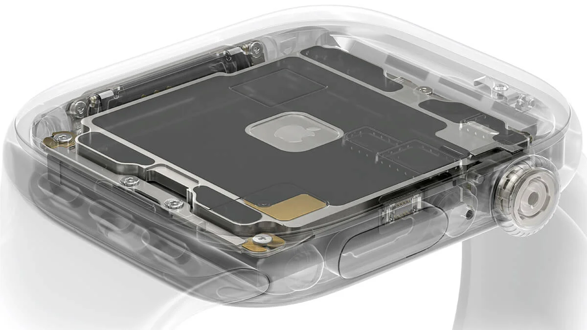 Rendered transparent view of an Apple Watch chassis, showing in detail the dark internal motherboard with the Apple logo, screws, and other hardware components.
