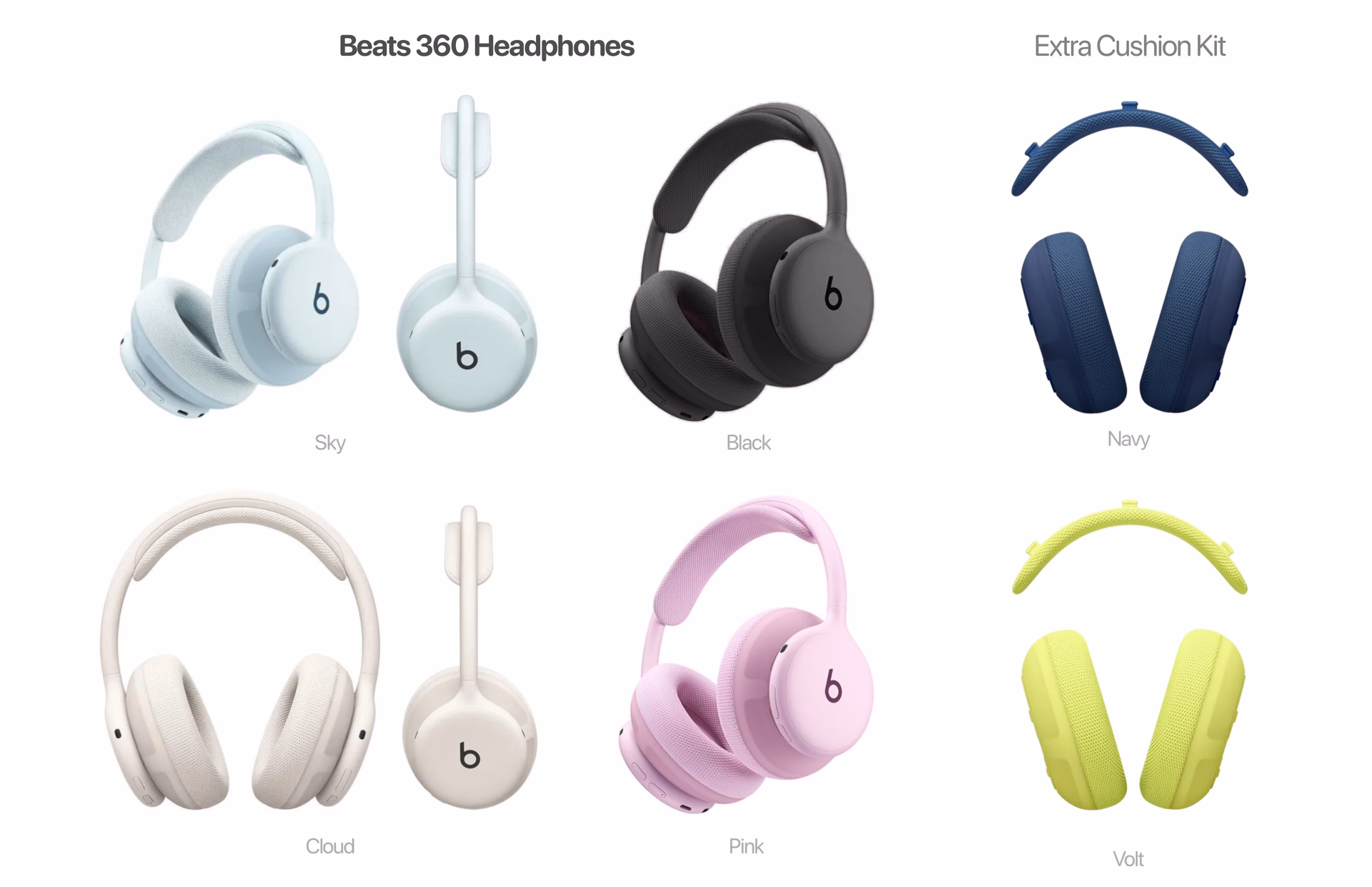 Beats 360 in several colors next to the interchangeable cushions