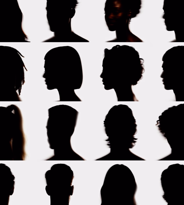 Silhouettes of differently shaped heads illustrating the personalized spatial audio of the Beats 360