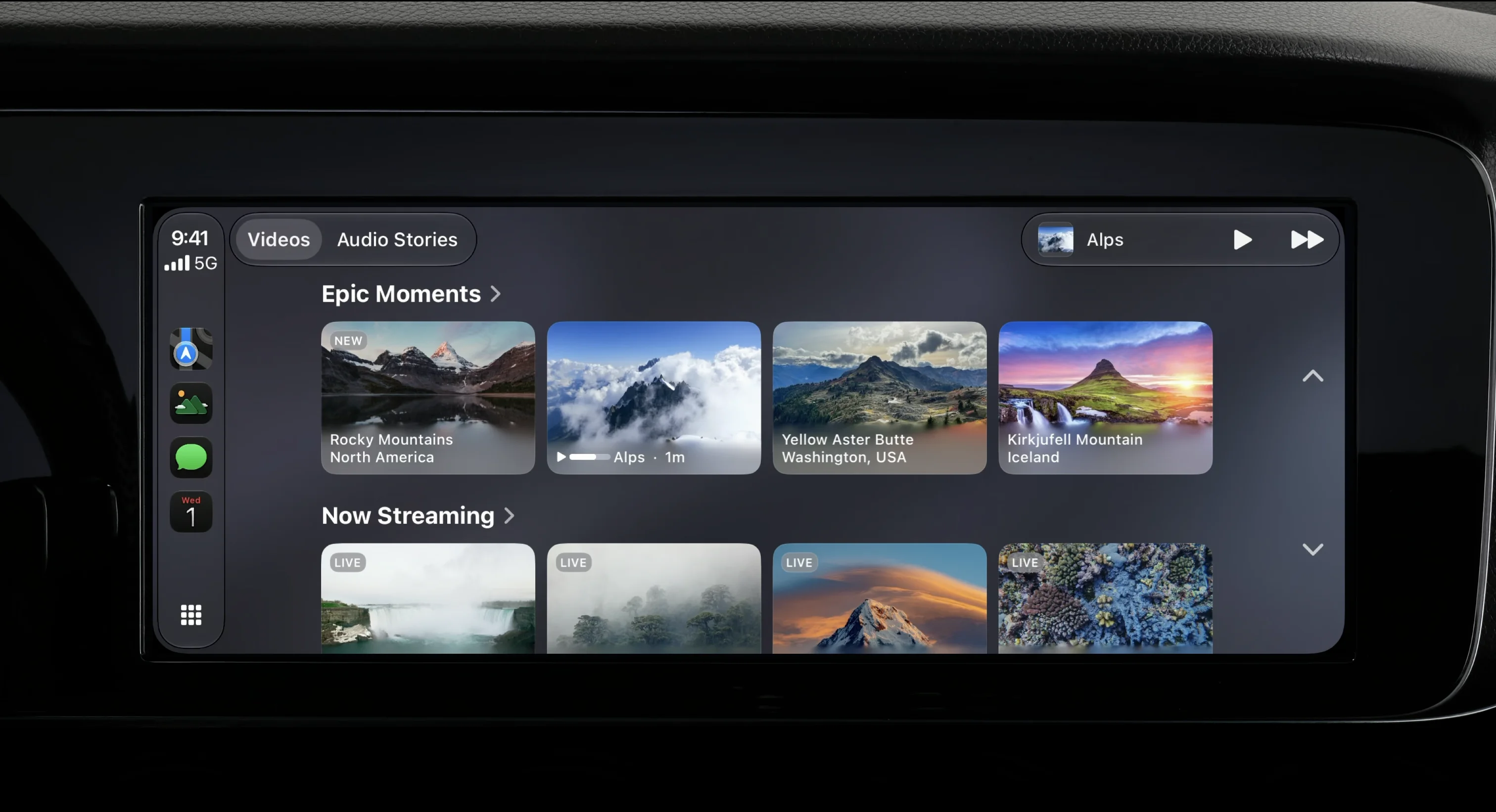 The video app in CarPlay shows collections such as Epic Moments and live streams on the car’s screen.