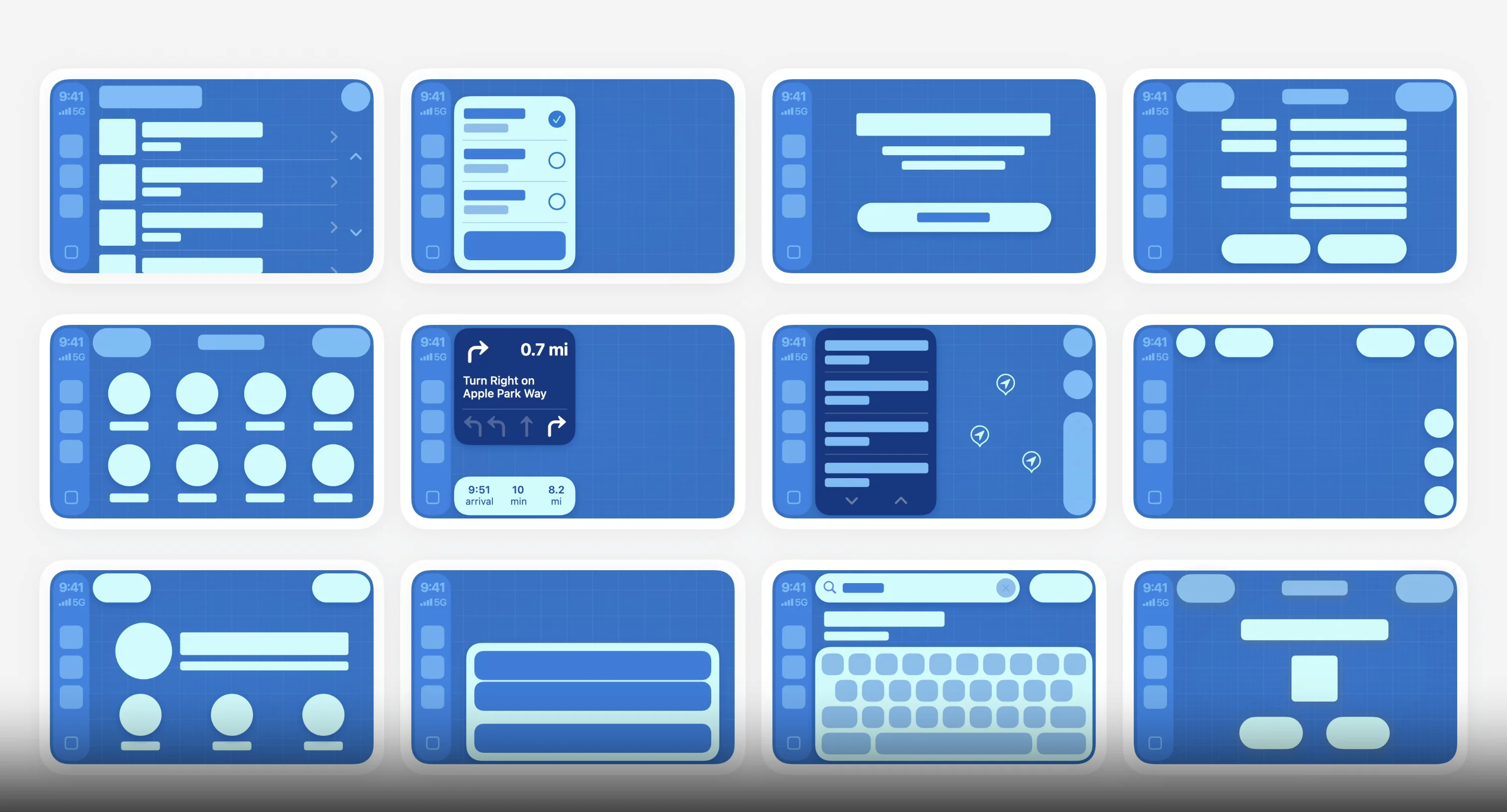 Interface templates Apple offers CarPlay developers: lists, grids, maps, and keyboard.