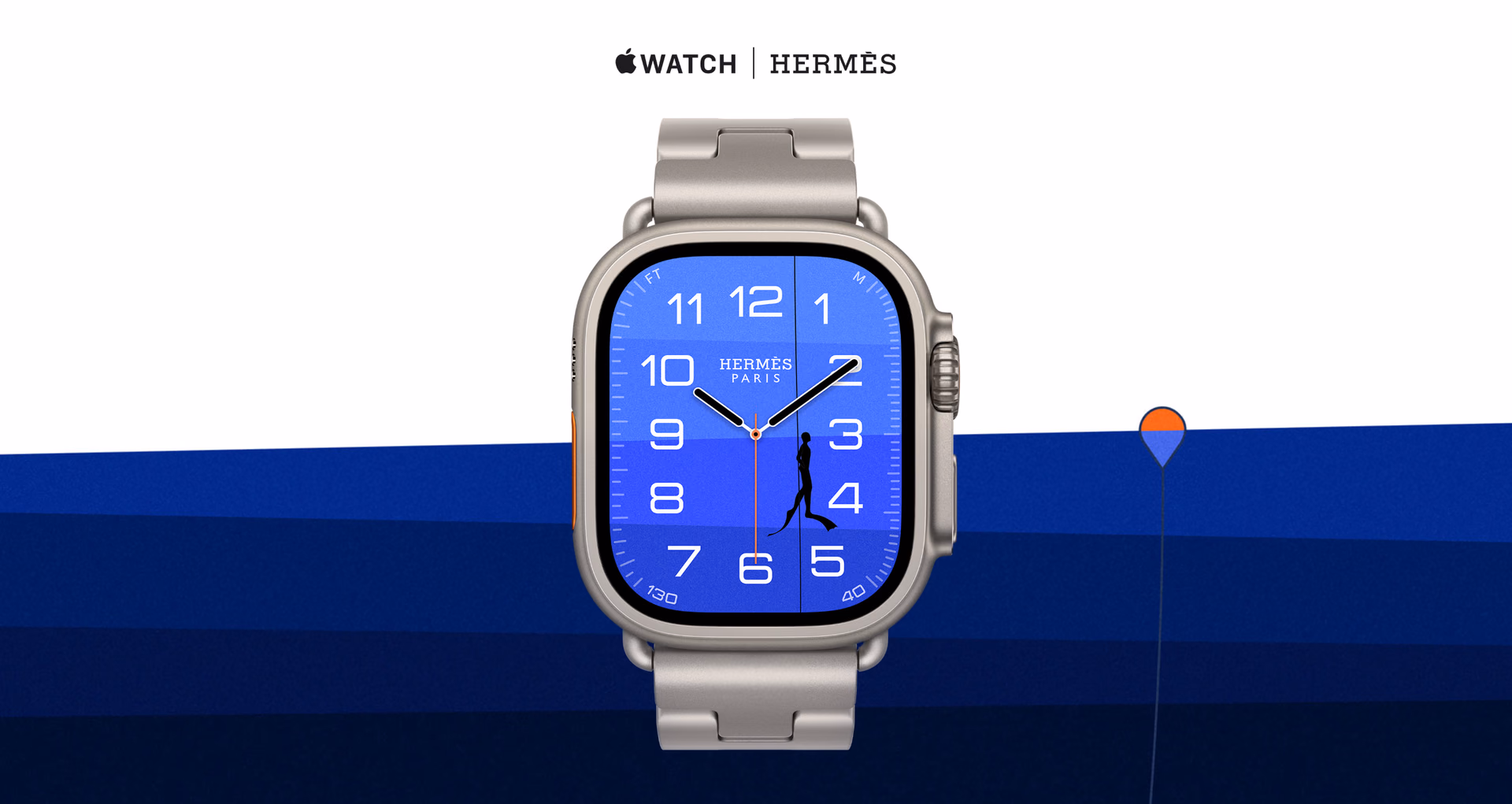 Apple Watch Hermès Ultra 4 with the Grand H Titane on a blue and white background