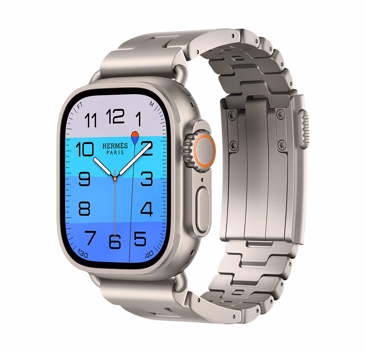 Apple Watch Hermès Ultra 4 with the Grand H Titane bracelet on