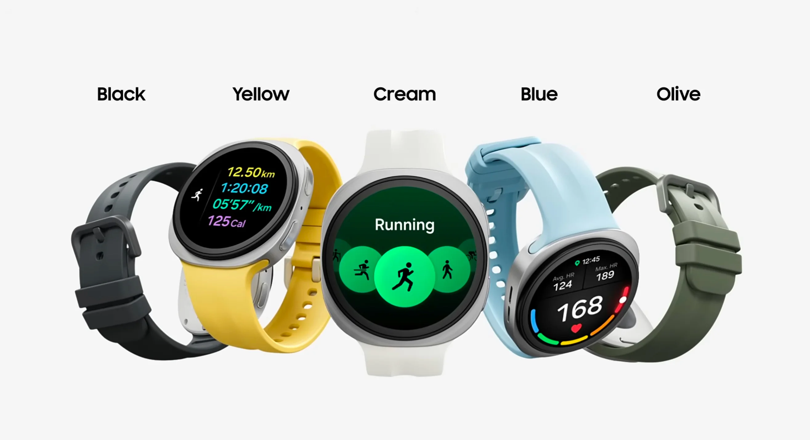Los cinco colores de la Sport Band del Galaxy Watch 9: Black, Yellow, Cream, Blue y Olive