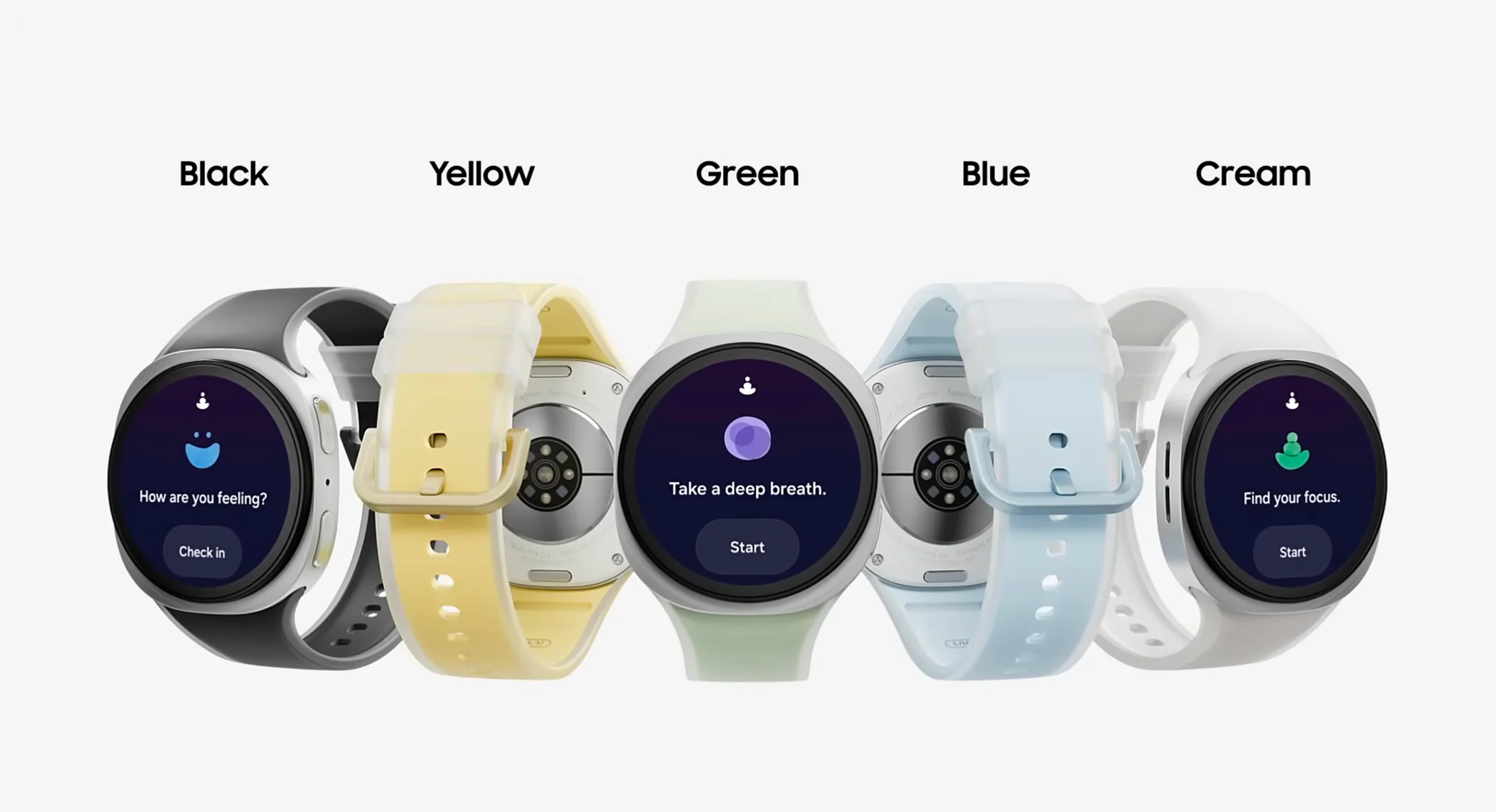 Los cinco colores de la Misty Band del Galaxy Watch 9: Black, Yellow, Green, Blue y Cream