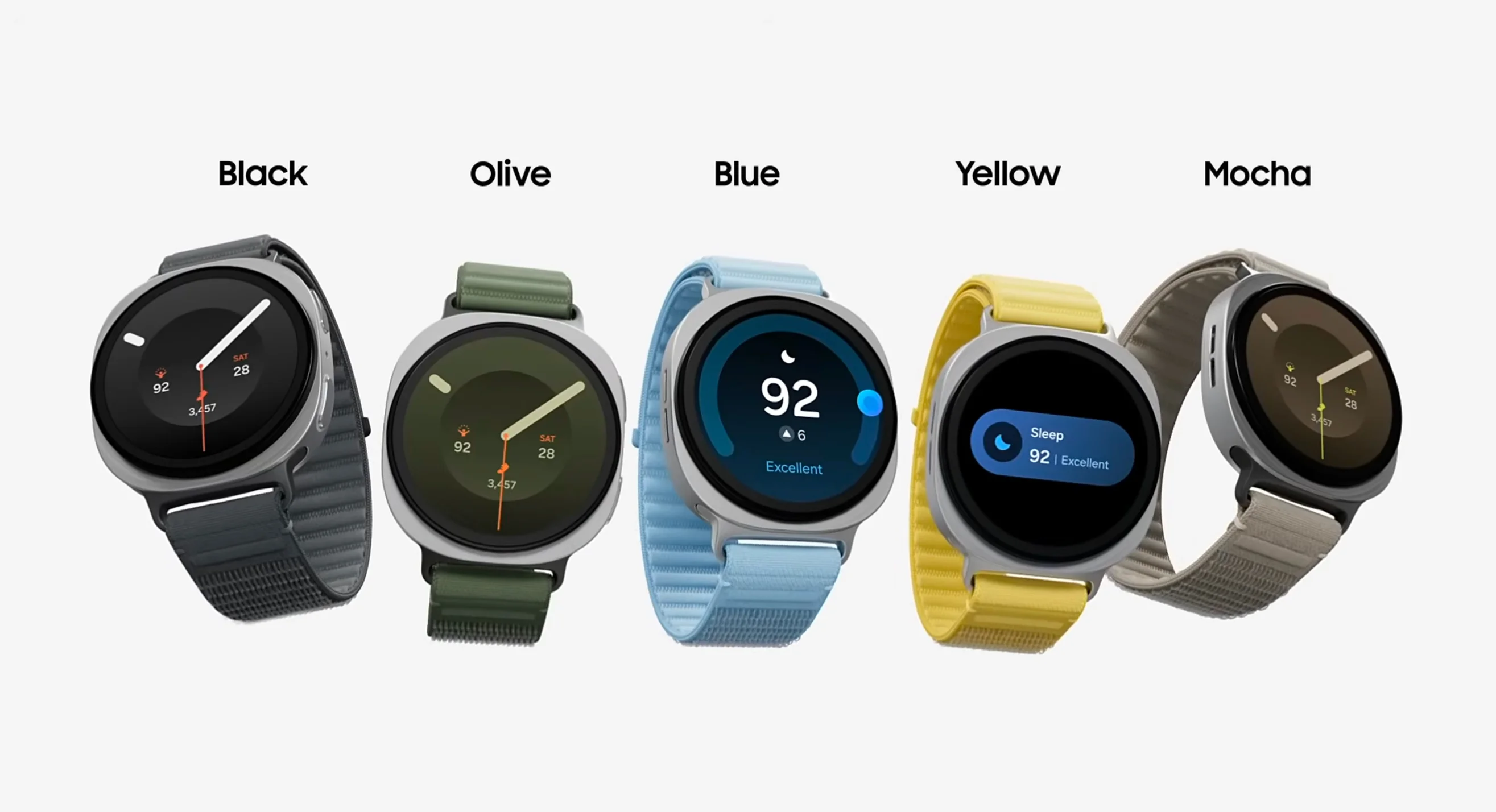Los cinco colores de la Fabric Band del Galaxy Watch 9: Black, Olive, Blue, Yellow y Mocha