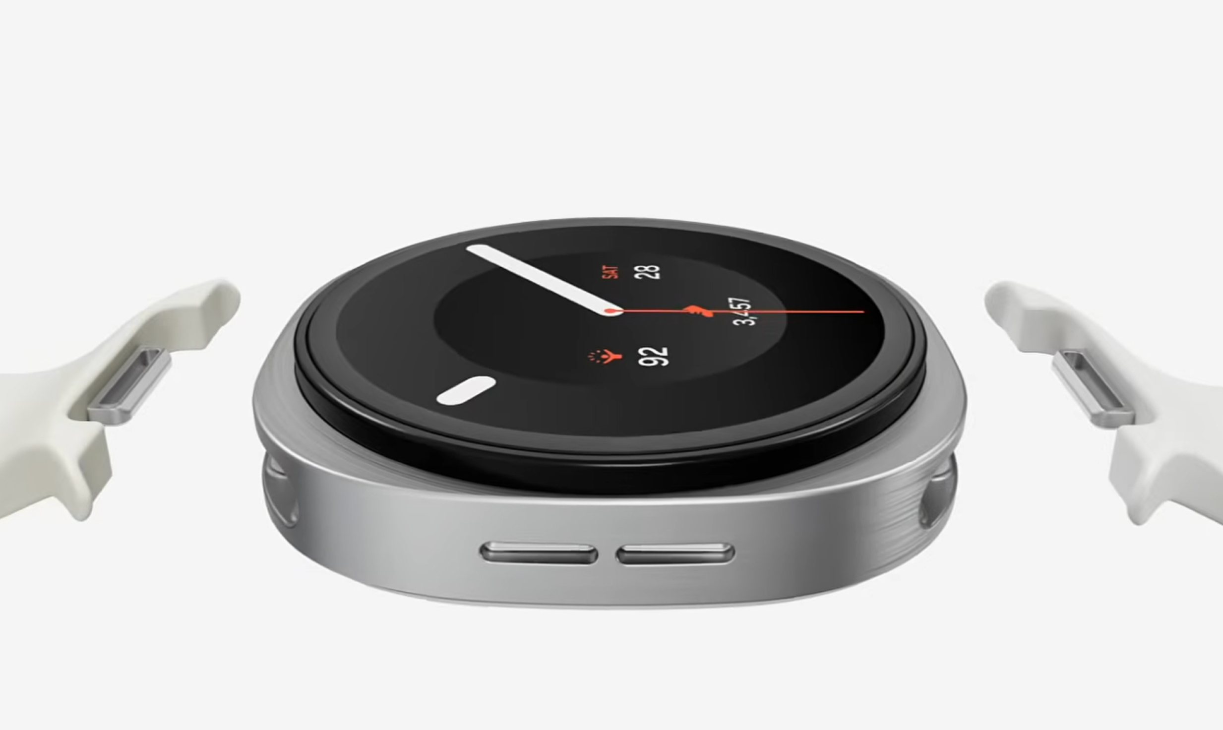 El Galaxy Watch 9 con las dos mitades de la correa separadas del cuerpo del reloj
