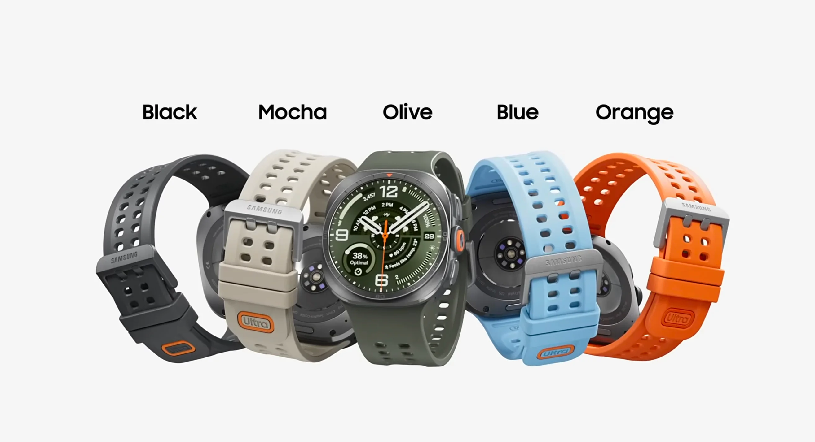 Los cinco colores de la Marine Band del Galaxy Watch Ultra 2: Black, Mocha, Olive, Blue y Orange