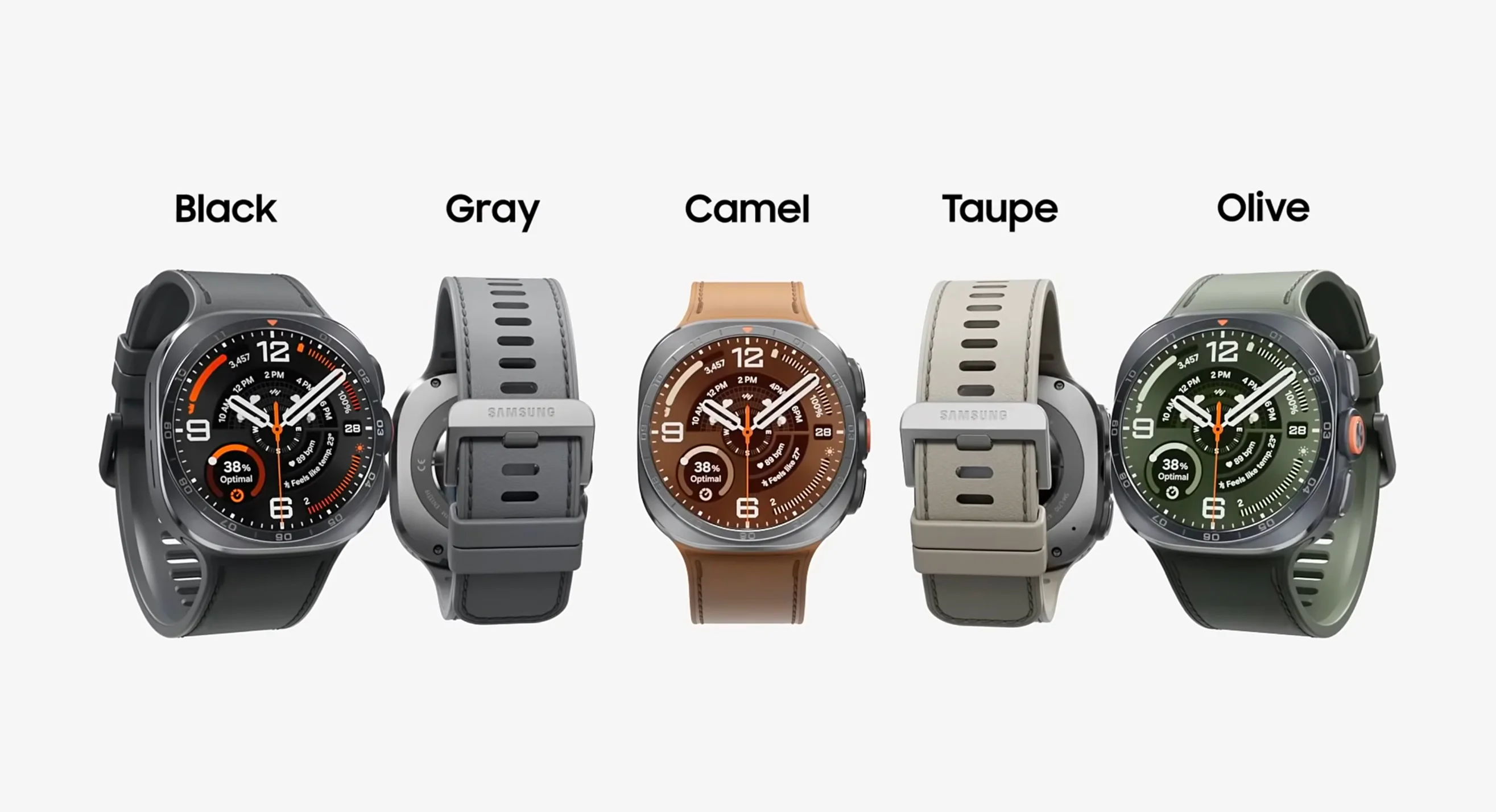 Los cinco colores de la PeakForm Band del Galaxy Watch Ultra 2: Black, Gray, Camel, Taupe y Olive