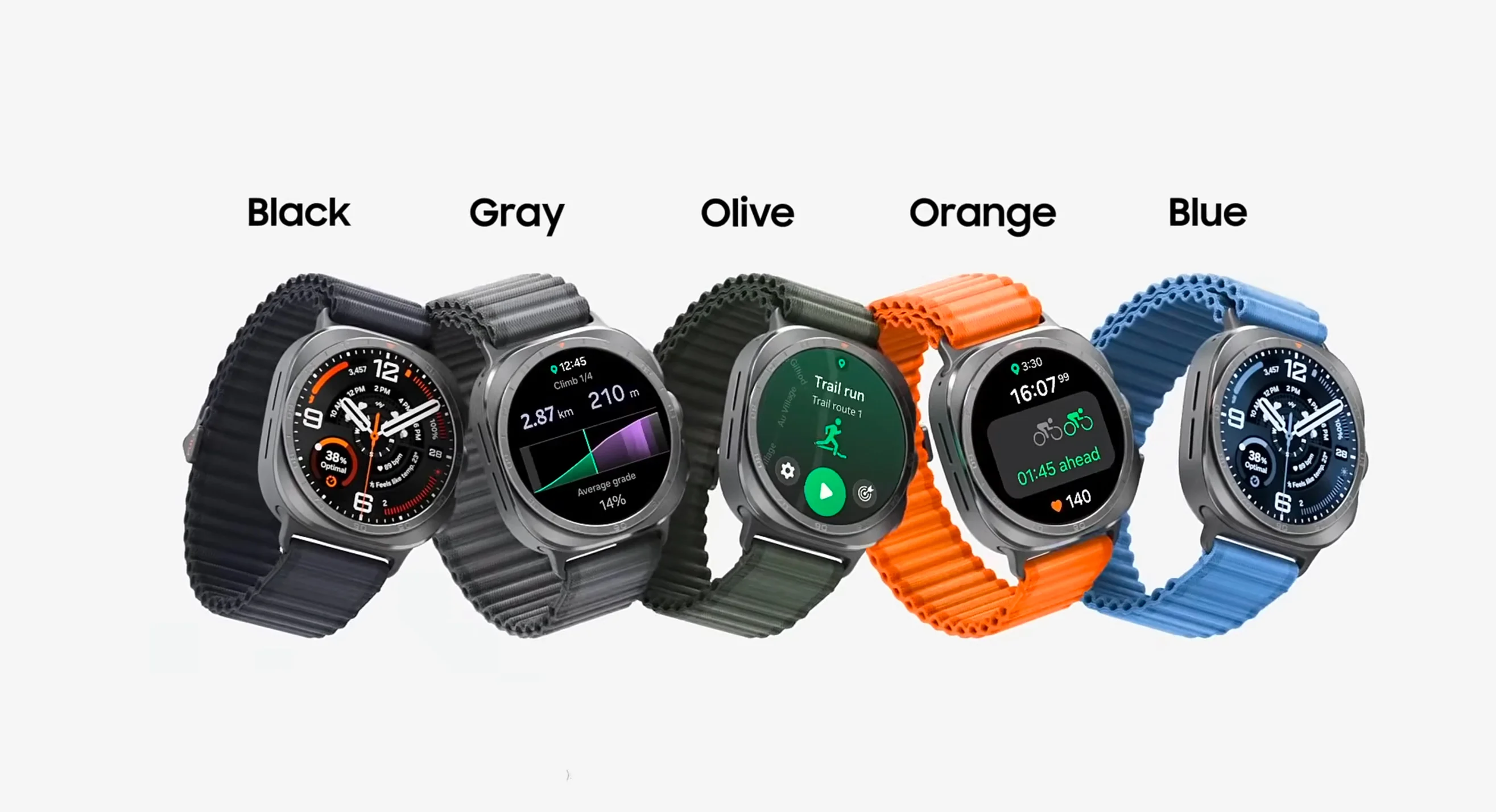 Los cinco colores de la Trail Band del Galaxy Watch Ultra 2: Black, Gray, Olive, Orange y Blue