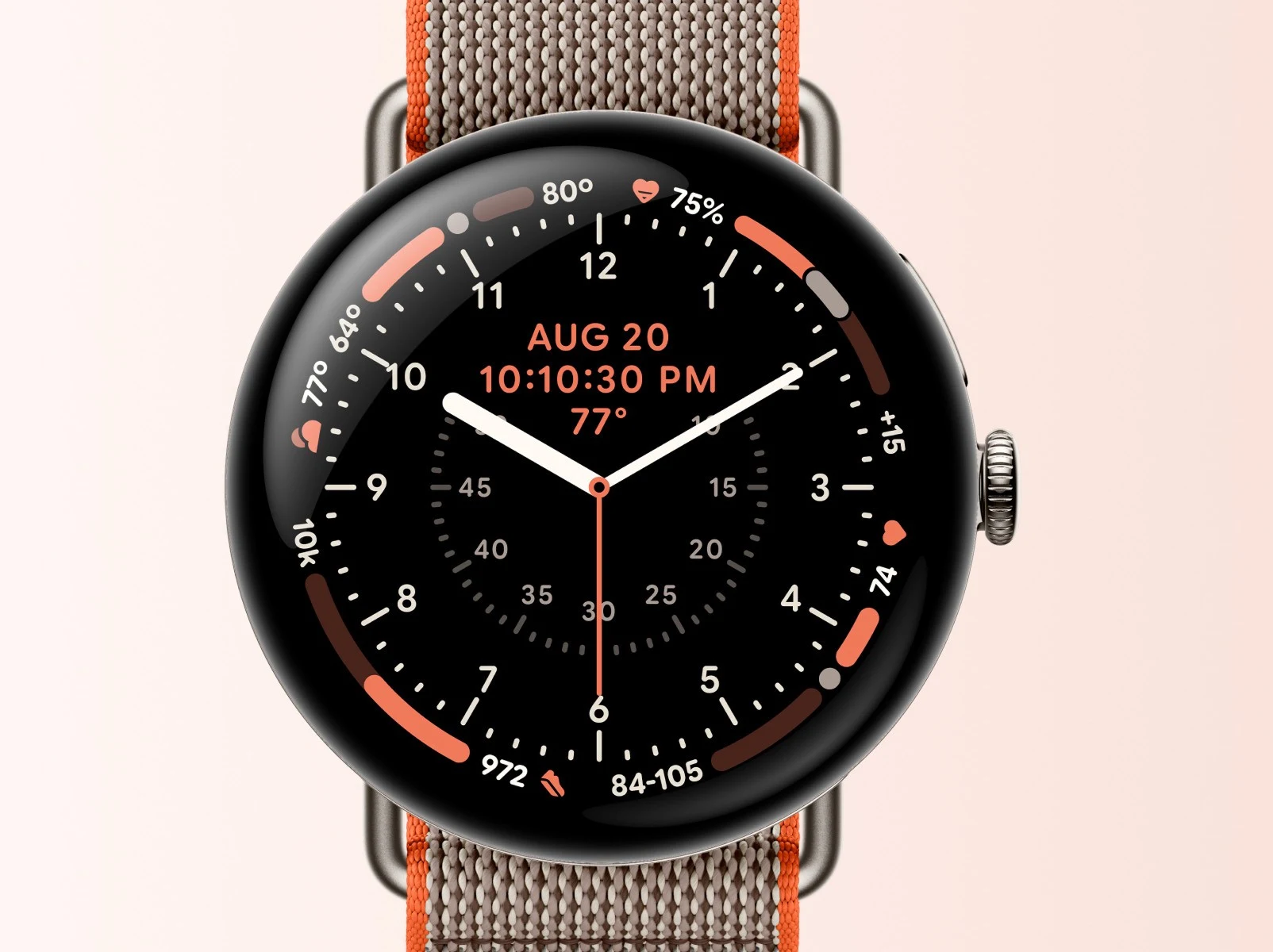 El Pixel Watch 5 Stephen Curry Edition de frente, con la correa tejida naranja y piedra