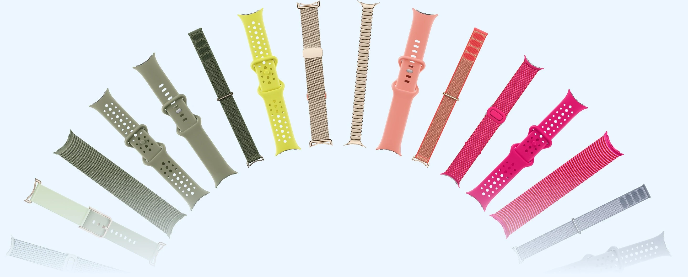 Abanico de correas del Pixel Watch 5 en verde, amarillo, coral, rosa y dorado, de distintos materiales