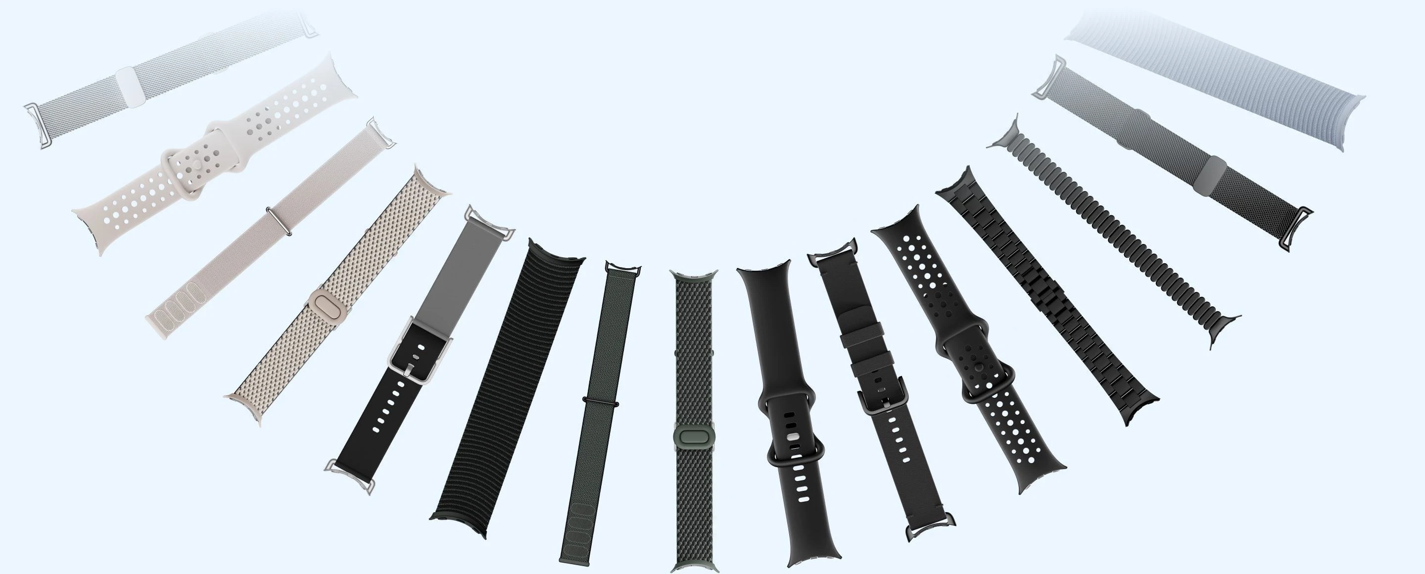 Abanico de correas del Pixel Watch 5 en blanco, gris y negro, en silicona, tejido y metal