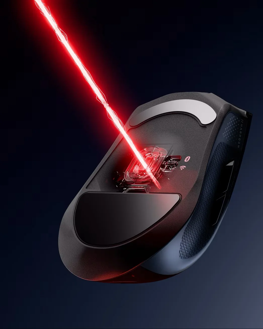 Vista inferior del Harpoon v2 con un haz rojo que representa el sensor óptico Marksman