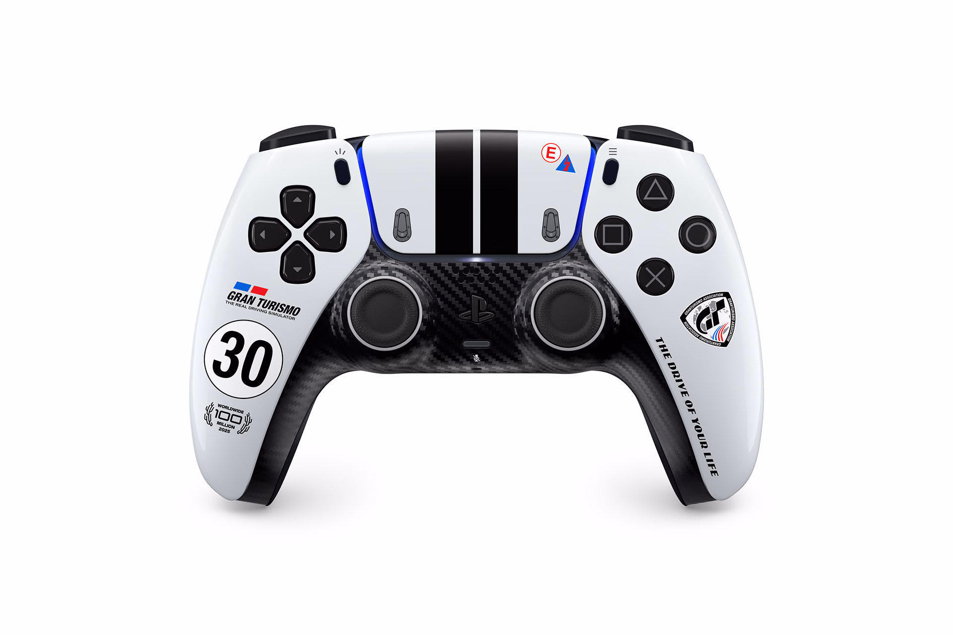 Gran Turismo DualSense with black stripes and the number 30