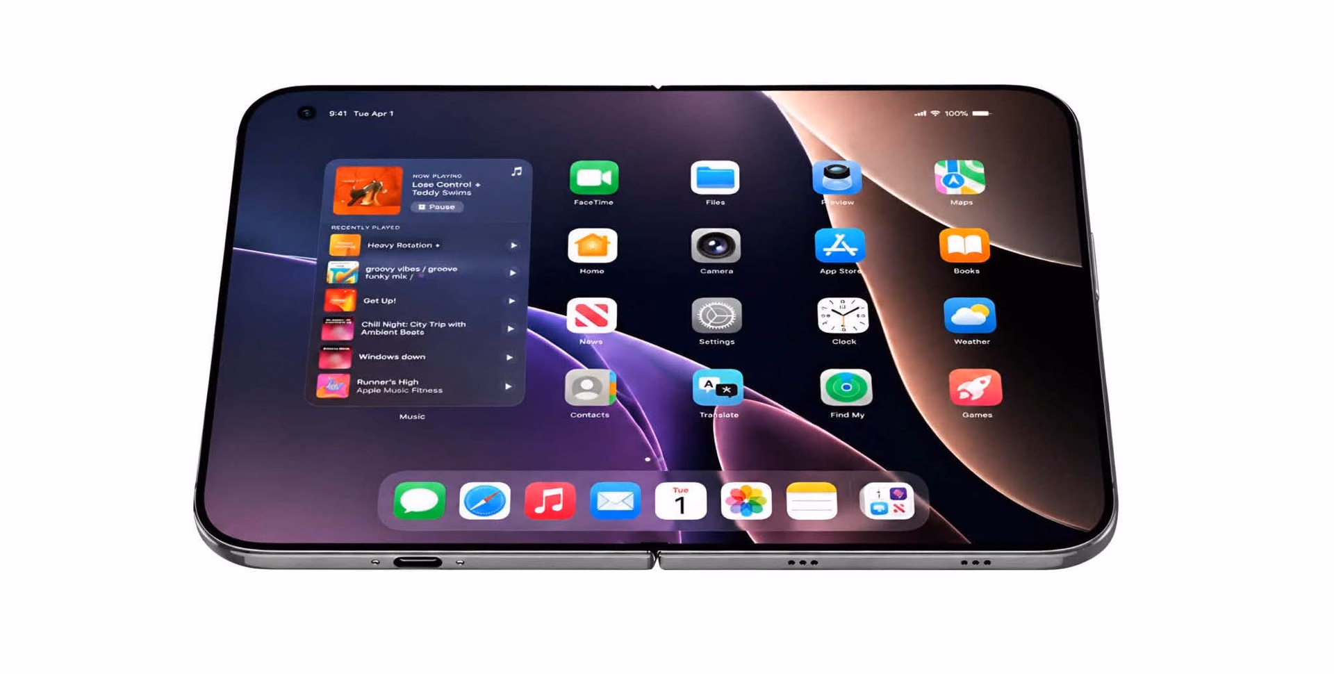 Render conceptual del iPhone plegable abierto con la pantalla interna mostrando el escritorio de iOS