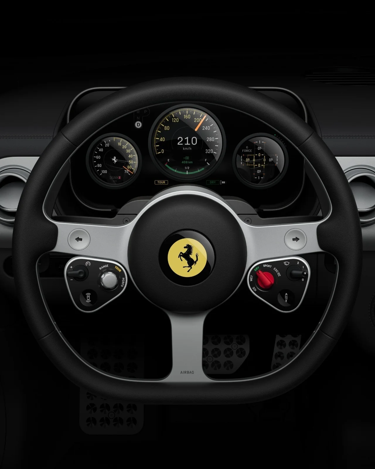 Ferrari Luce steering wheel with digital cluster showing 210 km/h, analog tachometer, and G force meter on OLED panels